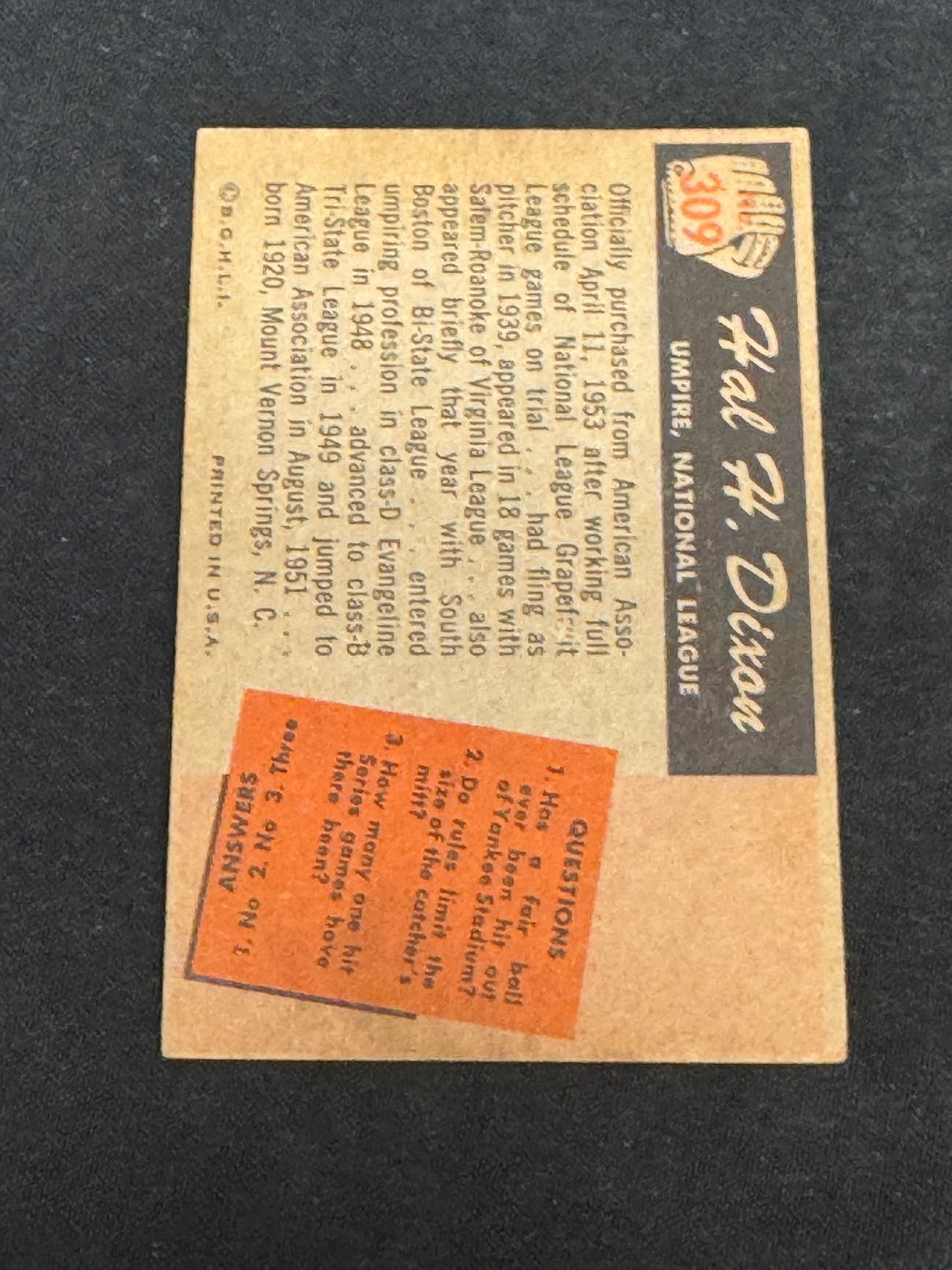 1955 BOWMAN UPMIRE HAL DIXON #309 EXMT V15372