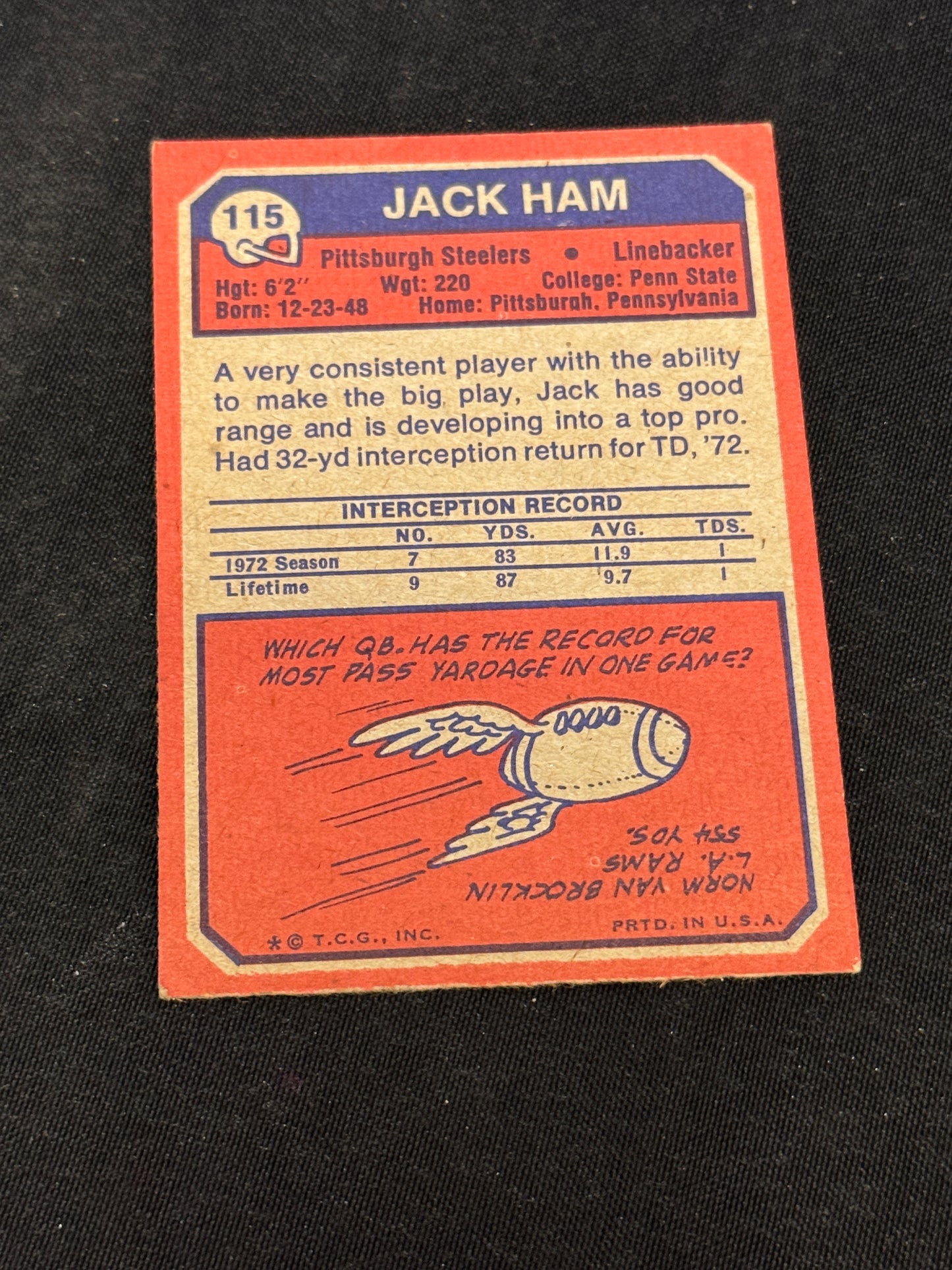 1973 TOPPS FB JACK HAM RC #115 EXMT V15390