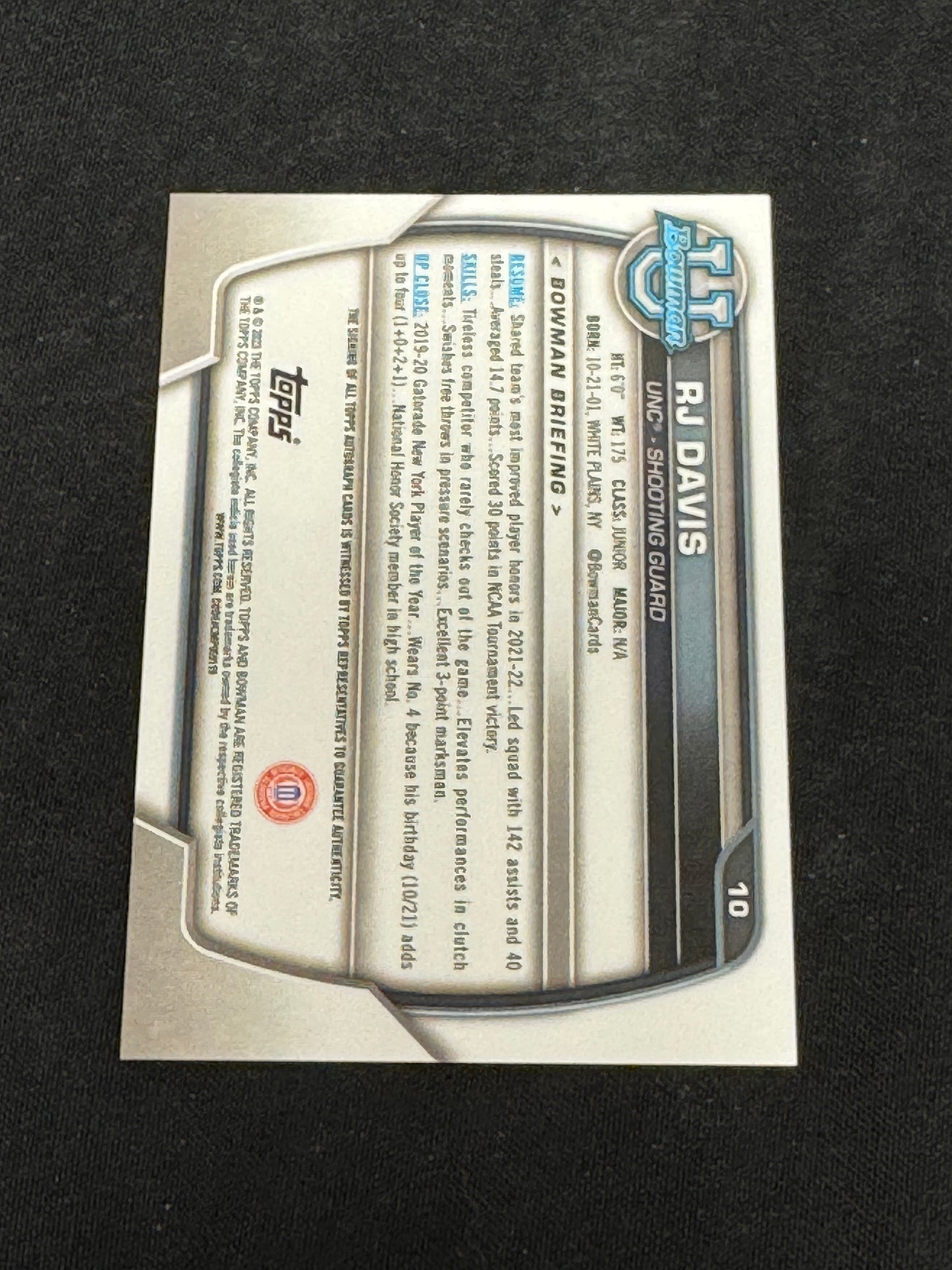 2023 BOWMAN UNIVERSITY BASK RJ DAVIS #10 AUTO RC14