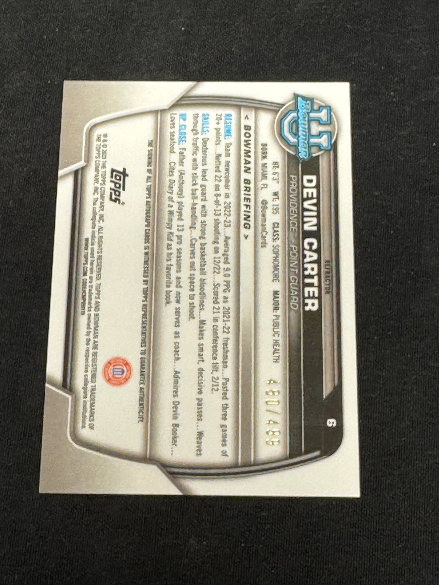 2023 BOWMAN UNIVERSITY BASK DEVIN CARTER #6 480/499 AUTO RC49