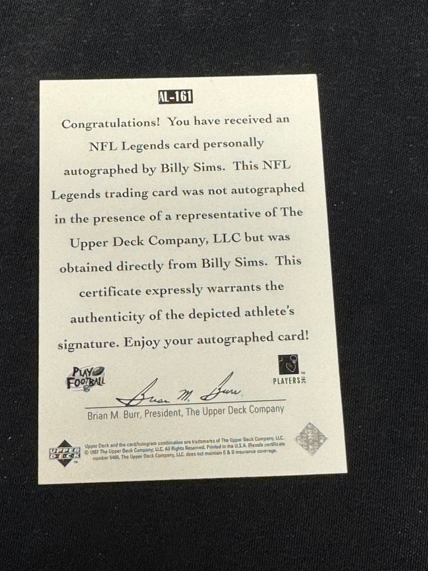 1997 UPPER DECK FB BILLY SIMS AUTO RC63