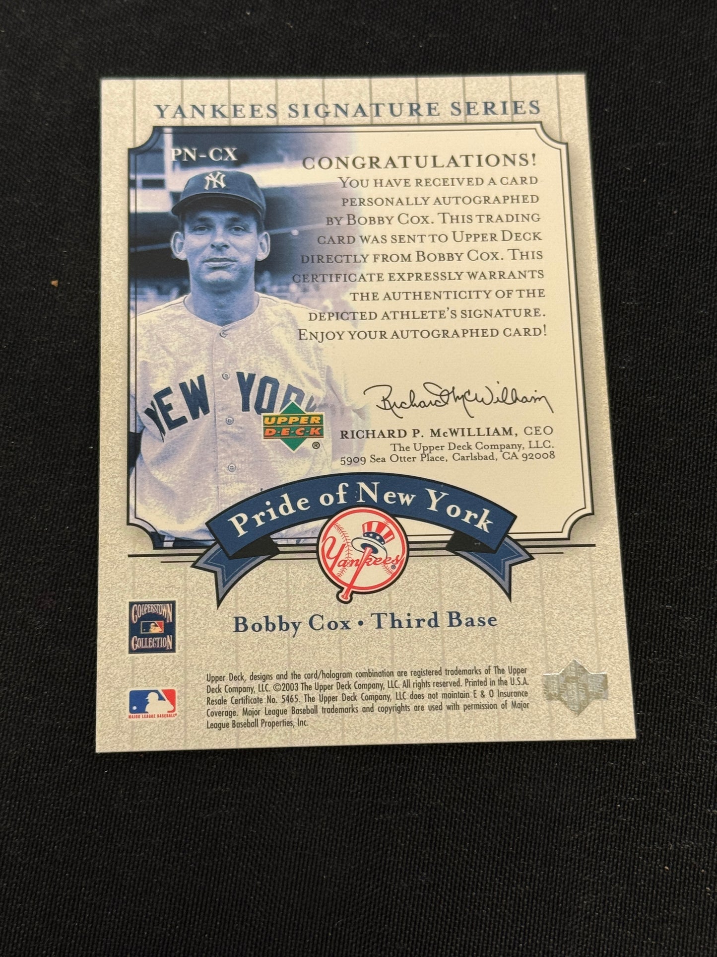 2003 UPPER DECK YANKEES SIGNATURE SERIES BOBBY COX AUTO RC73