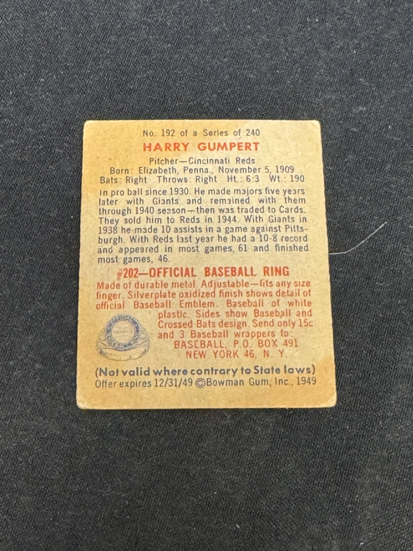 1949 BOWMAN HARRY GUMPERT #192 EX V15154