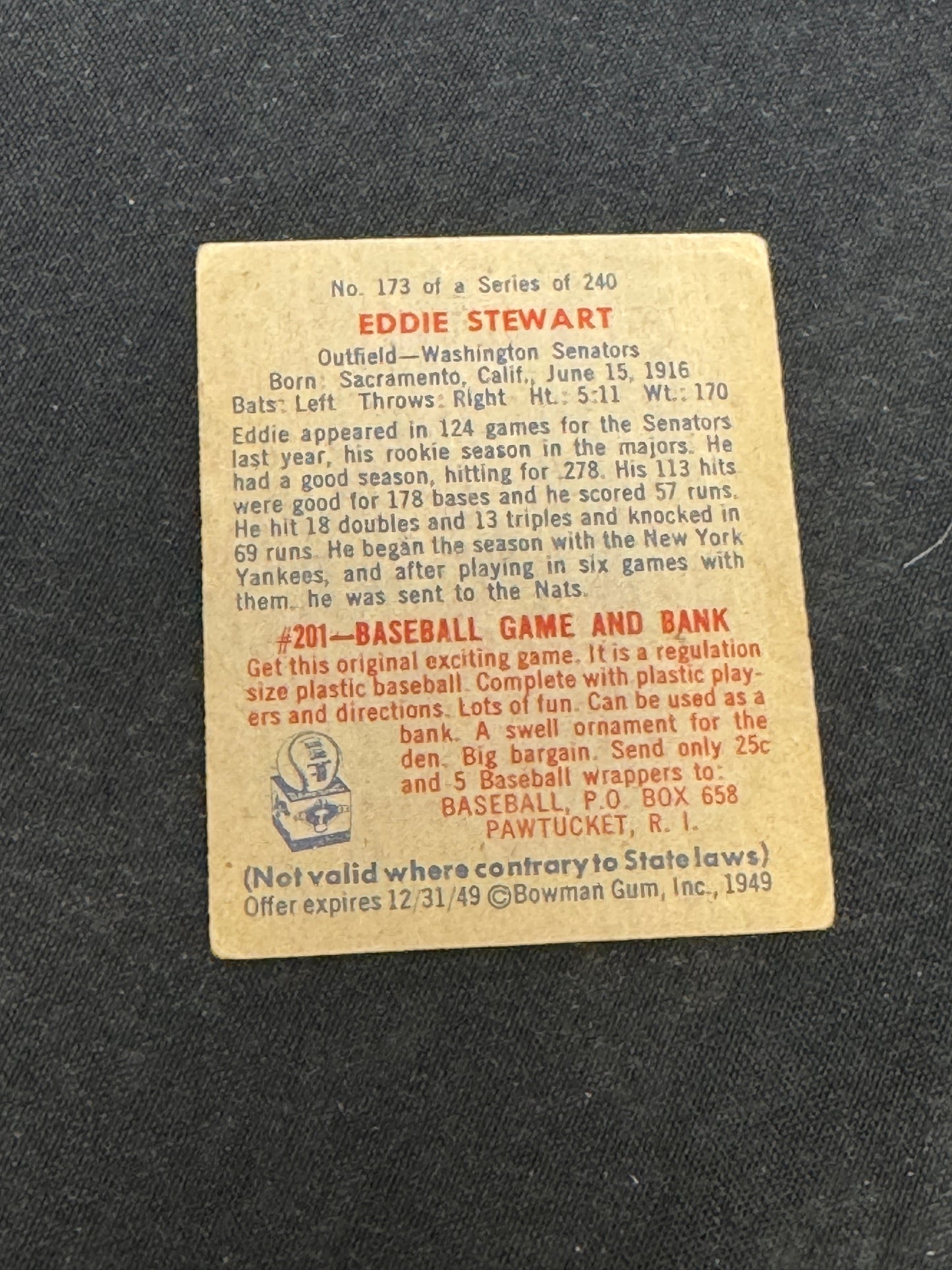 1949 BOWMAN EDDIE STEWART #173 VGEX+ V15152