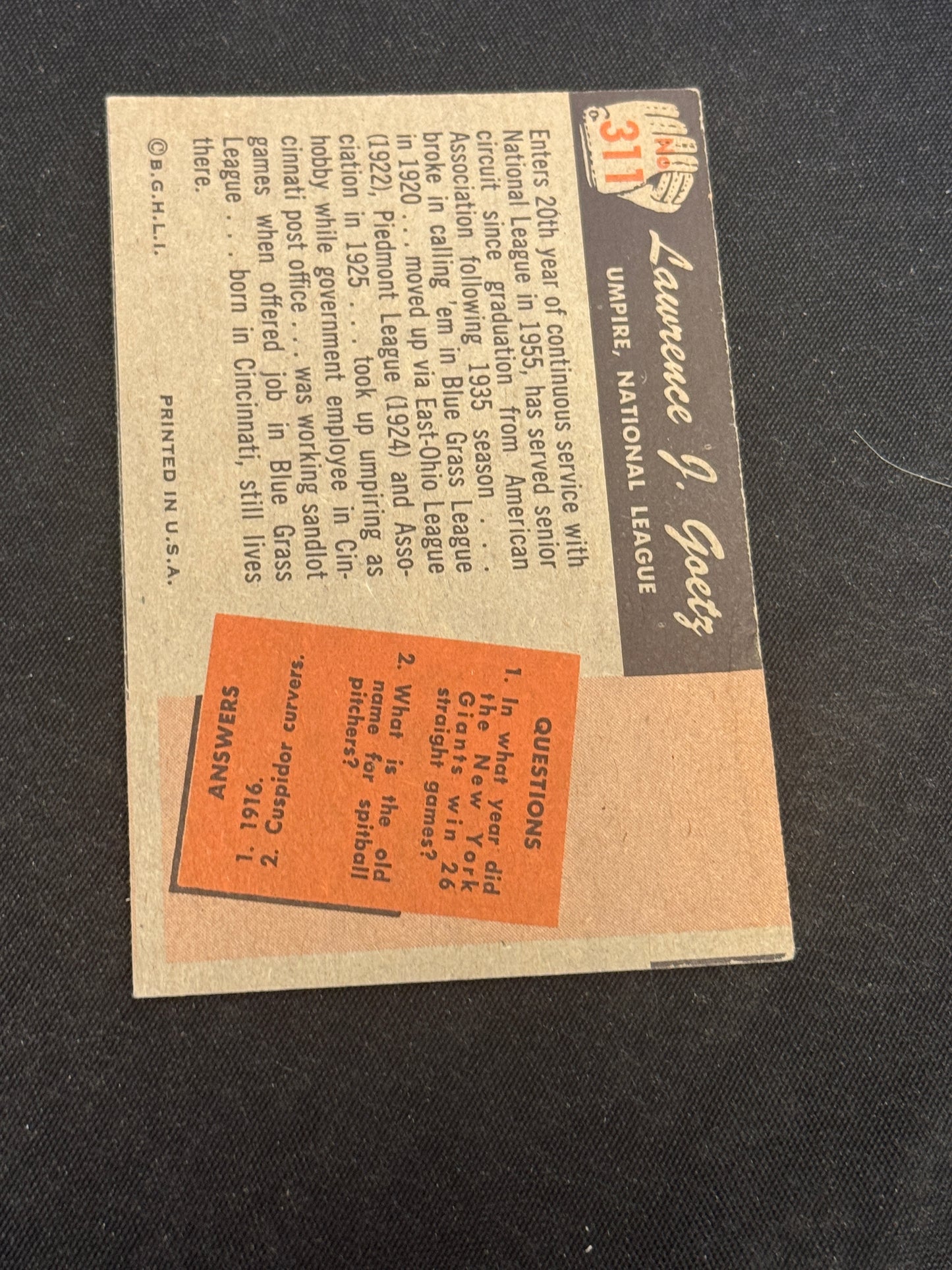 1955 BOWMAN UMPIRE LAWRENCE GOETZ #311 EX V14108