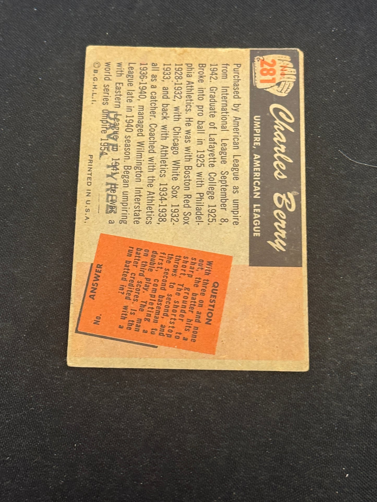 1955 BOWMAN UMPIRE CHARLES BERRY #281 EX V15024 (STAMP ON BACK)