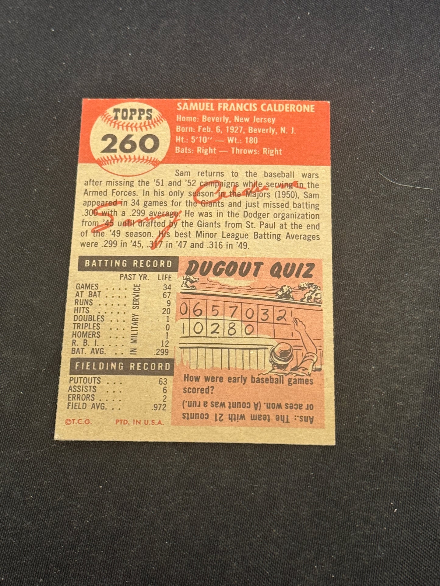 1953 TOPPS SAM CALDERONE #260 EXMT V5487