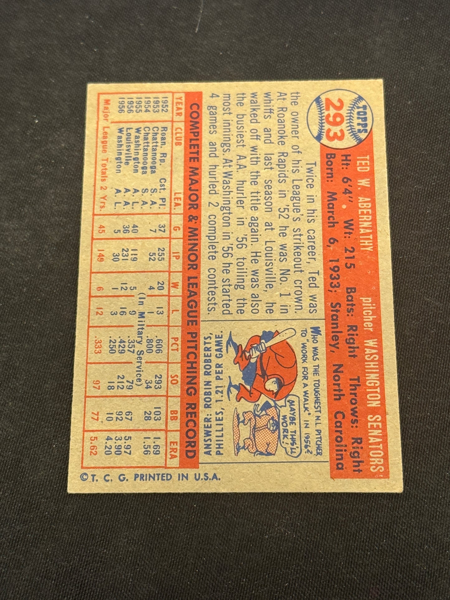 1957 TOPPS TED ABERNATHY #293 EXMT+ V14618