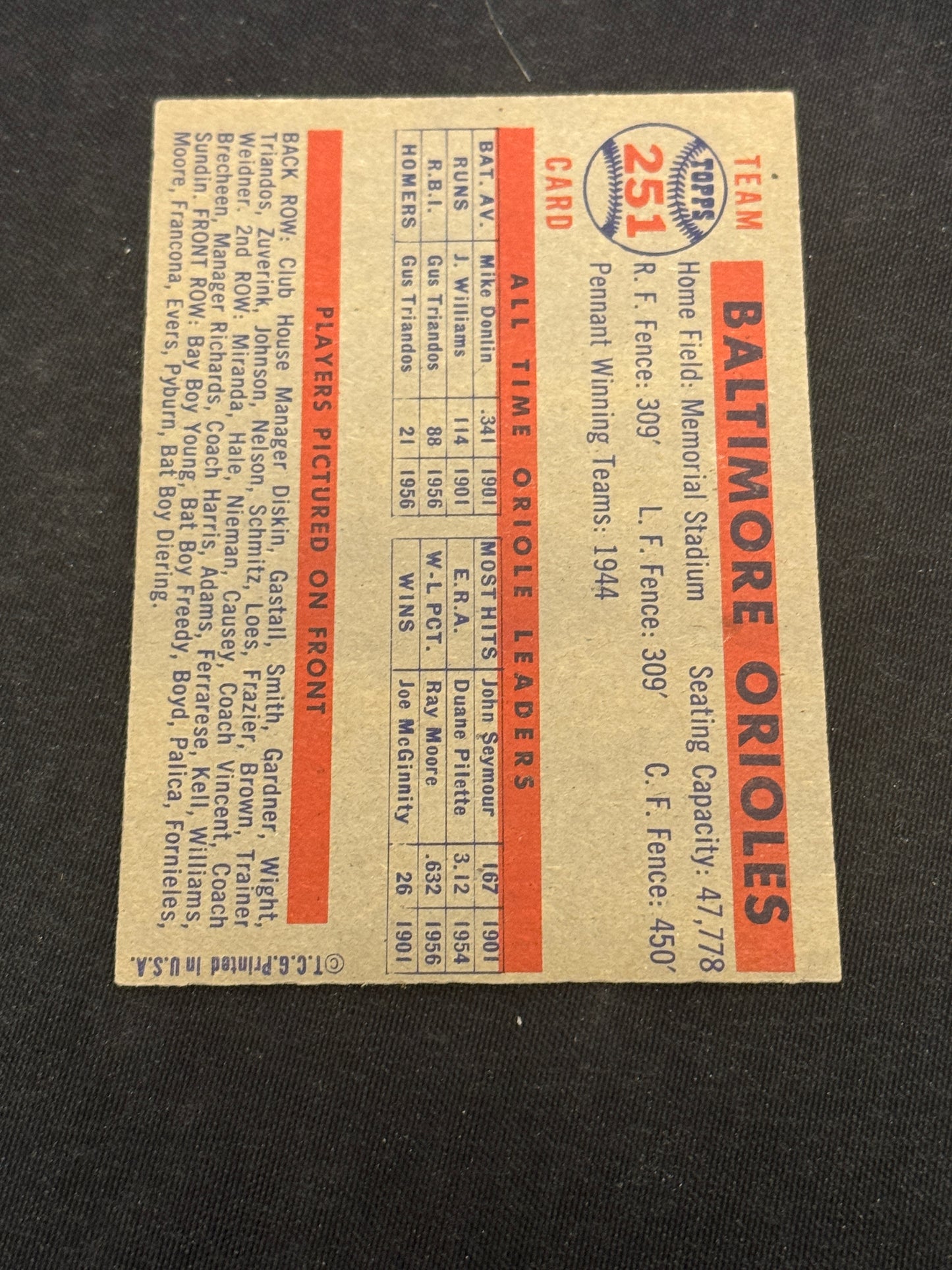 1957 TOPPS ORIOLES TEAM #251 EXMT+ V14511