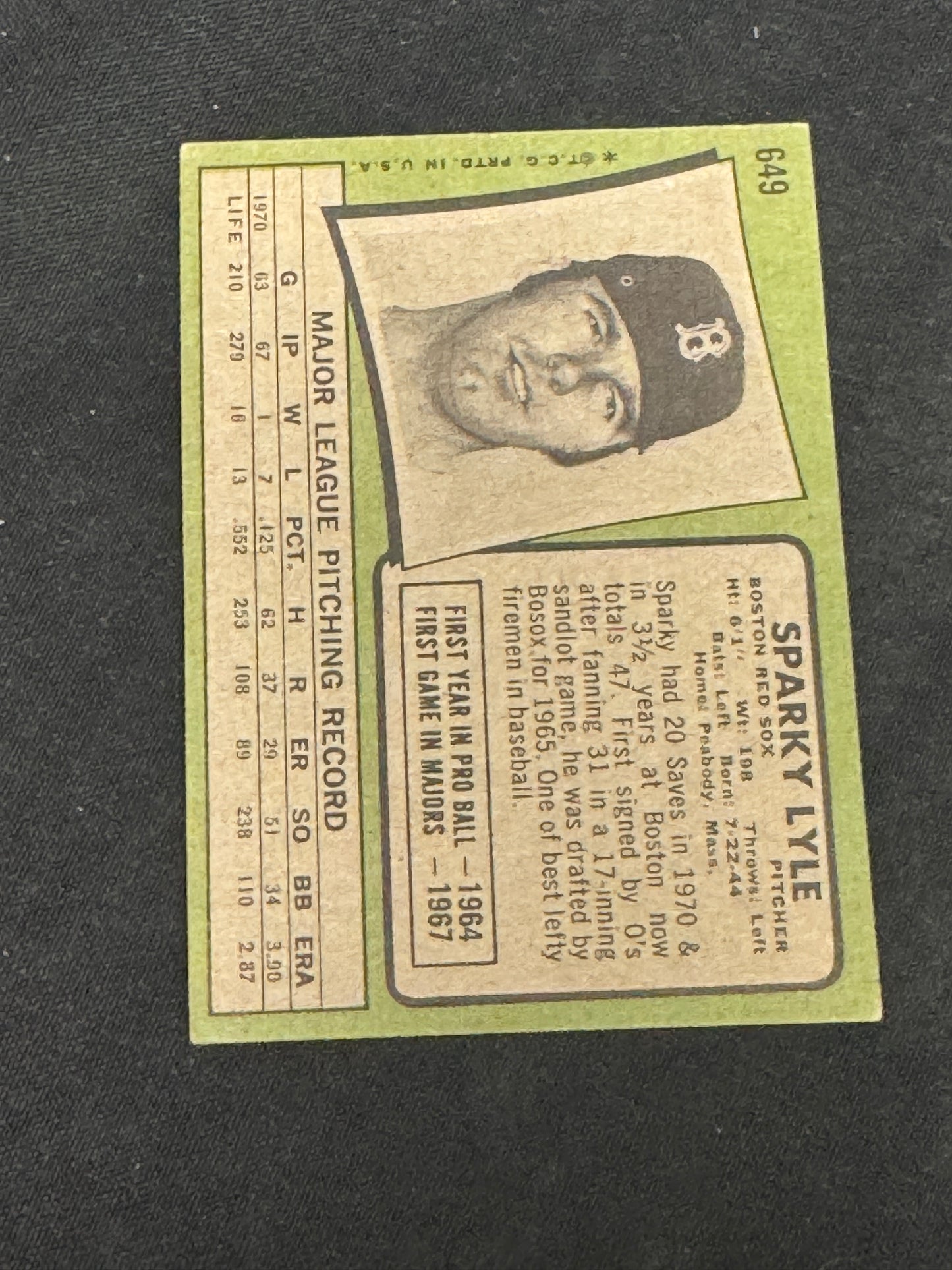 1971 TOPPS SPARKY LYLE #649 EXMT V15120