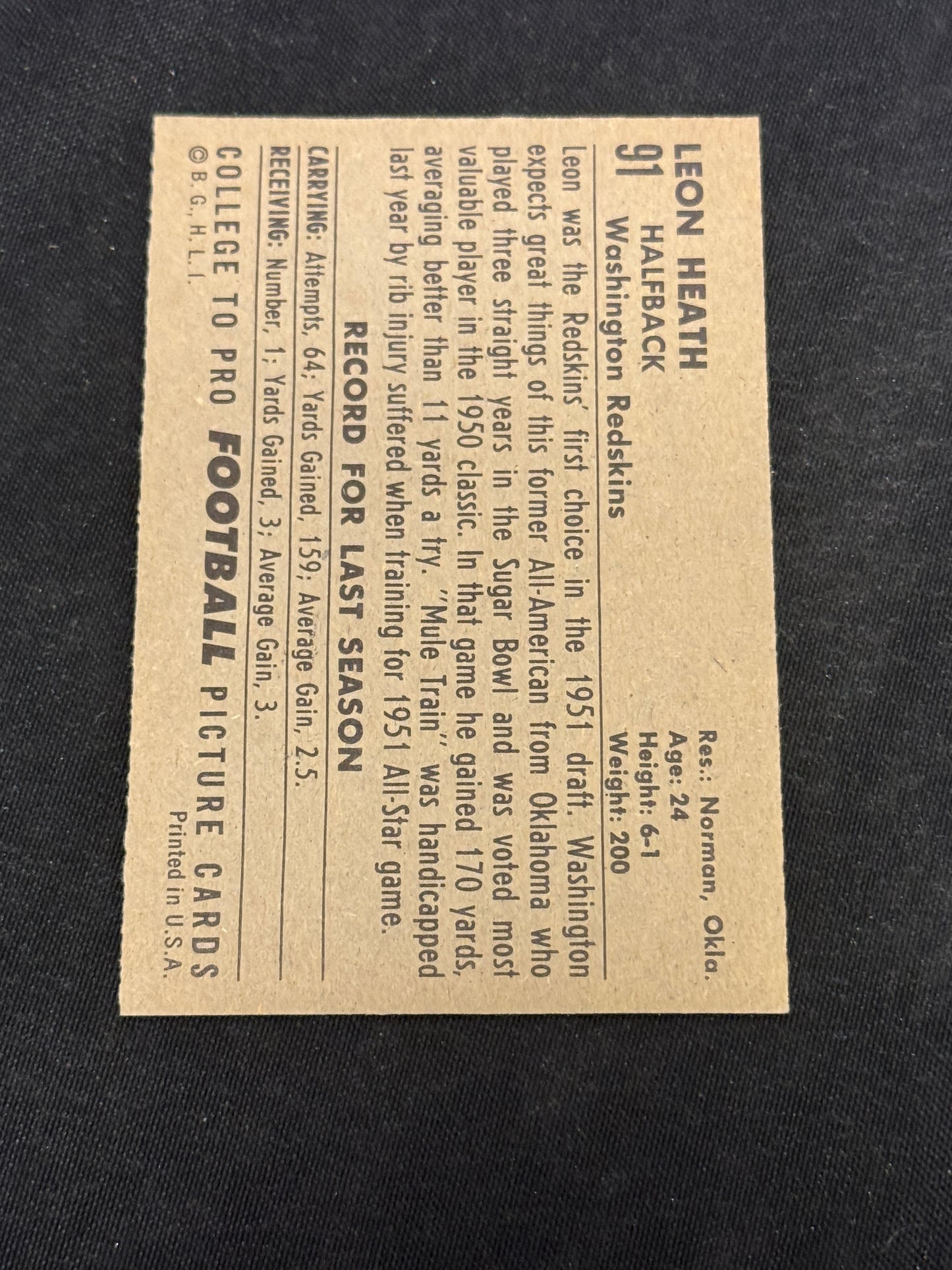 1952 BOWMAN LARGE FB LEON HEATH #91 NRMT V7349
