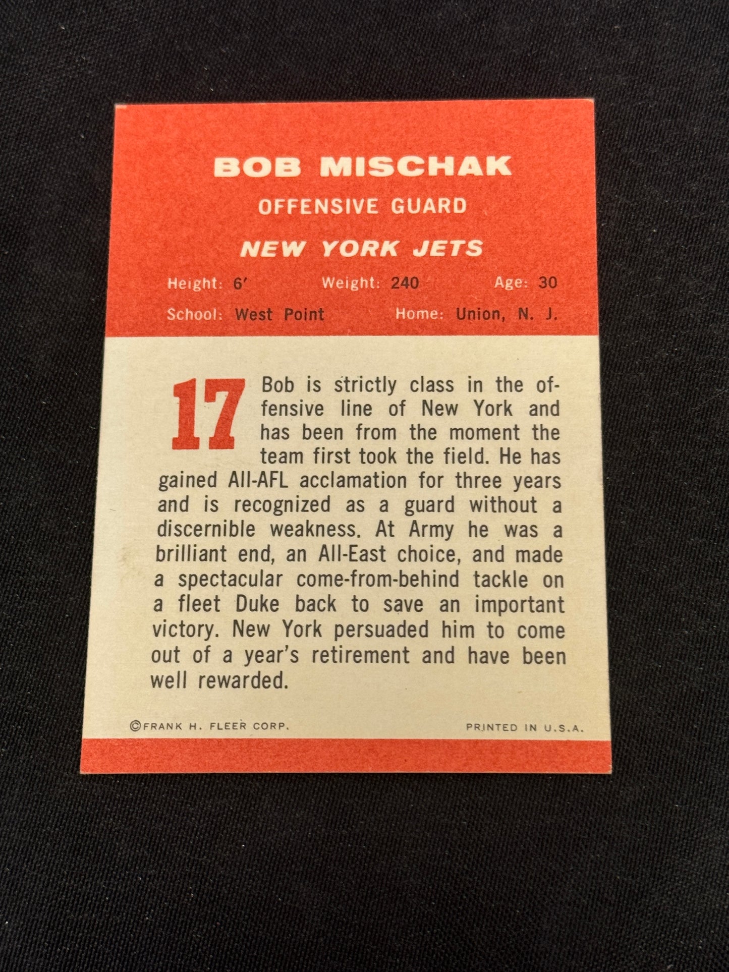 1963 FLEER FB BOB MISCHAK #17 NRMT+ V15018