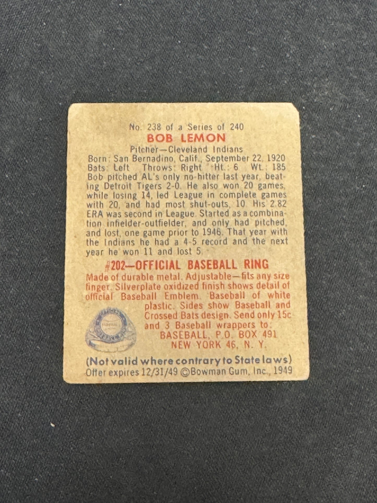 1949 BOWMAN BOB LEMON RC #238 VGEX+ V6134