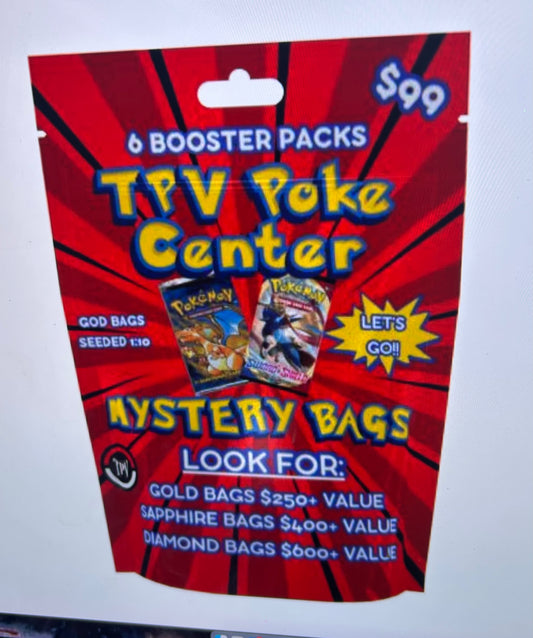 $99 TPV POKE CENTER BULK MYSTERY BAG CASE. (12 BAGS) 6 PREMIUM PACKS/PER BAG