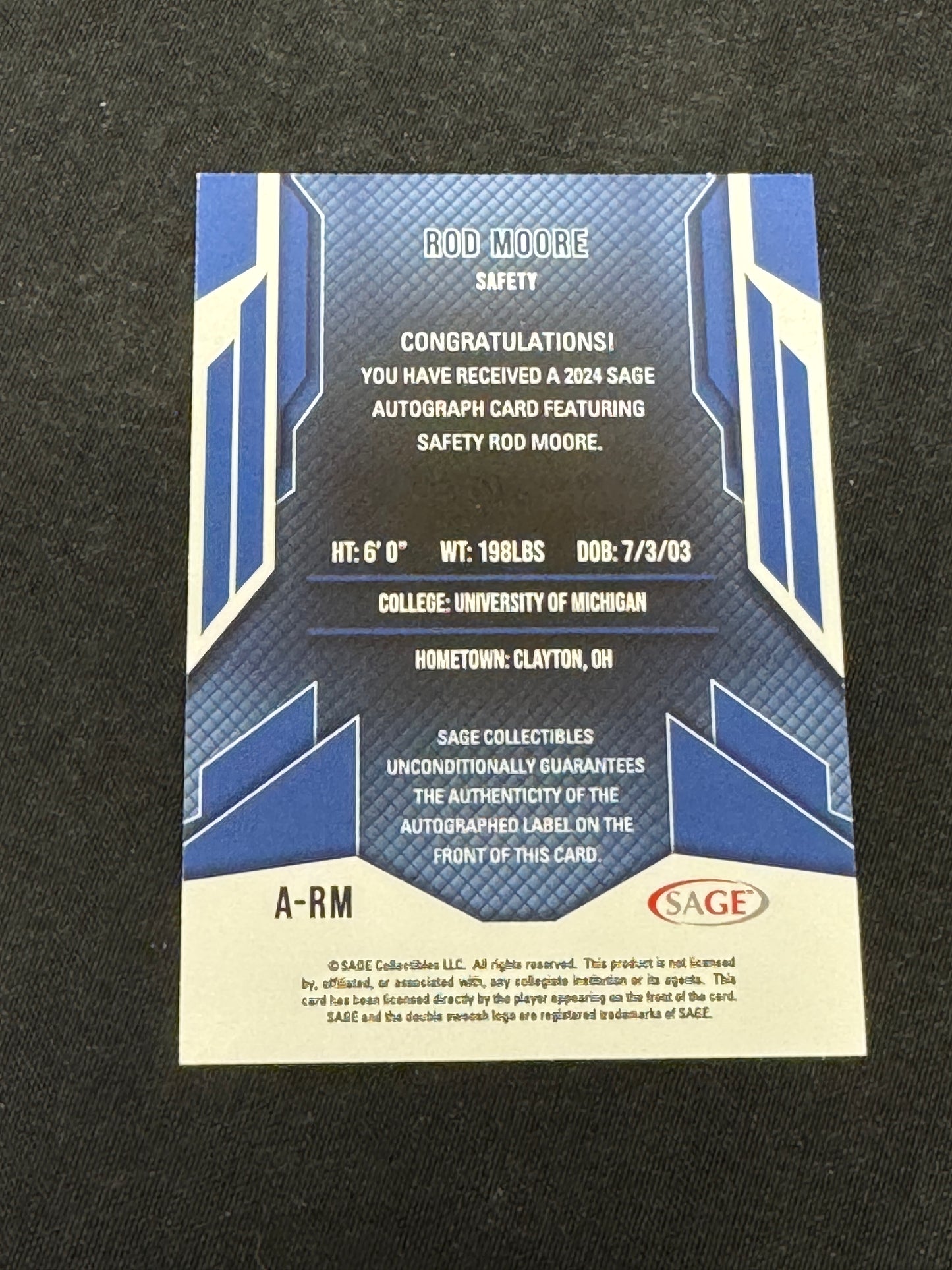 2024 SAGE FB ROD MOORE AUTO #A-RM  RC9