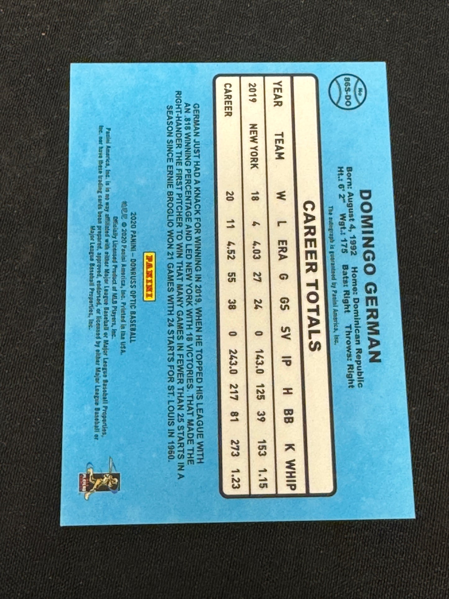 2020 DONRUSS DOMINGO GERMAN 86S-DP  AUTO  RC77