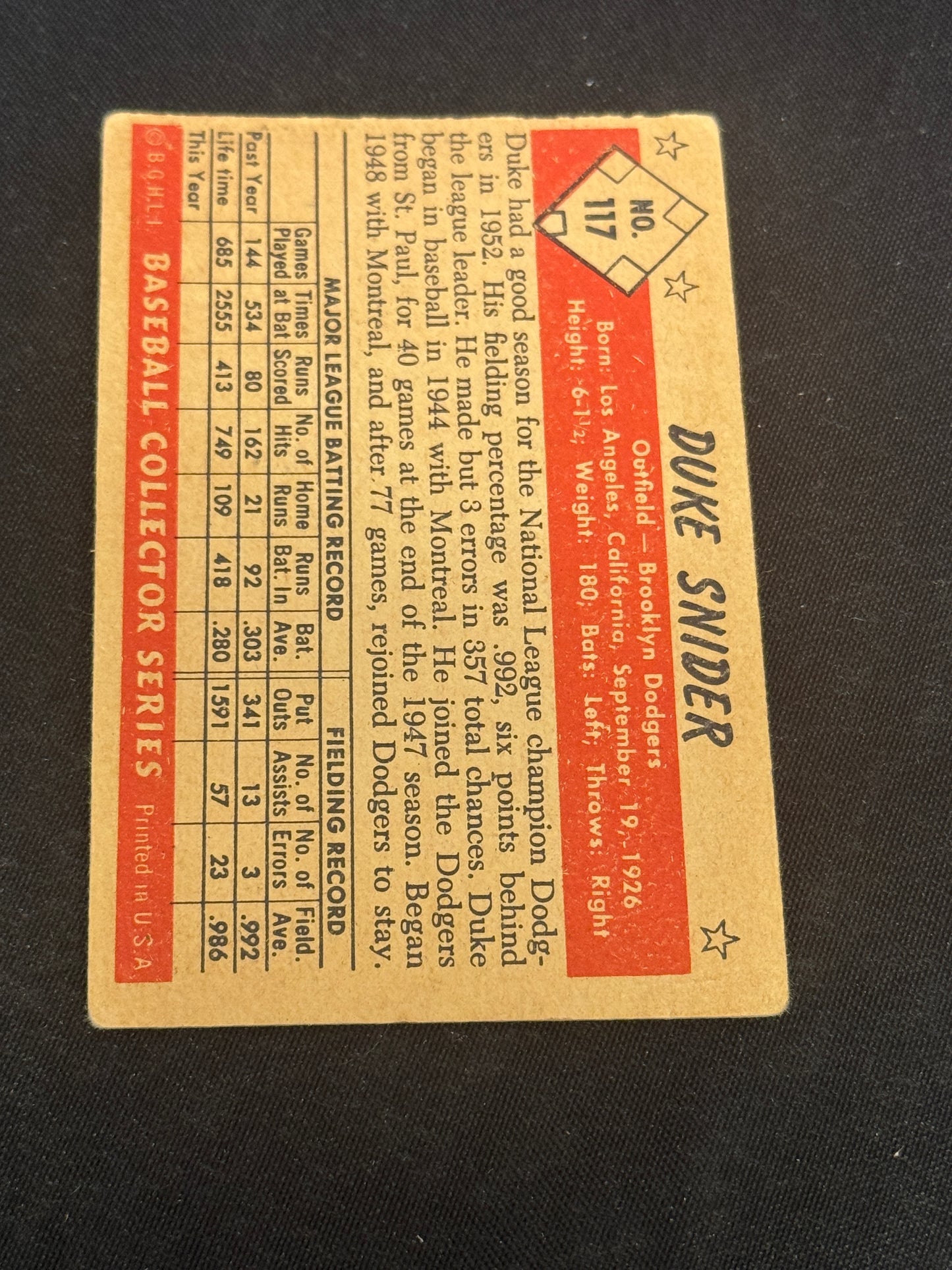 1953 BOWMAN COLOR DUKE SNIDER #117 VG V14997