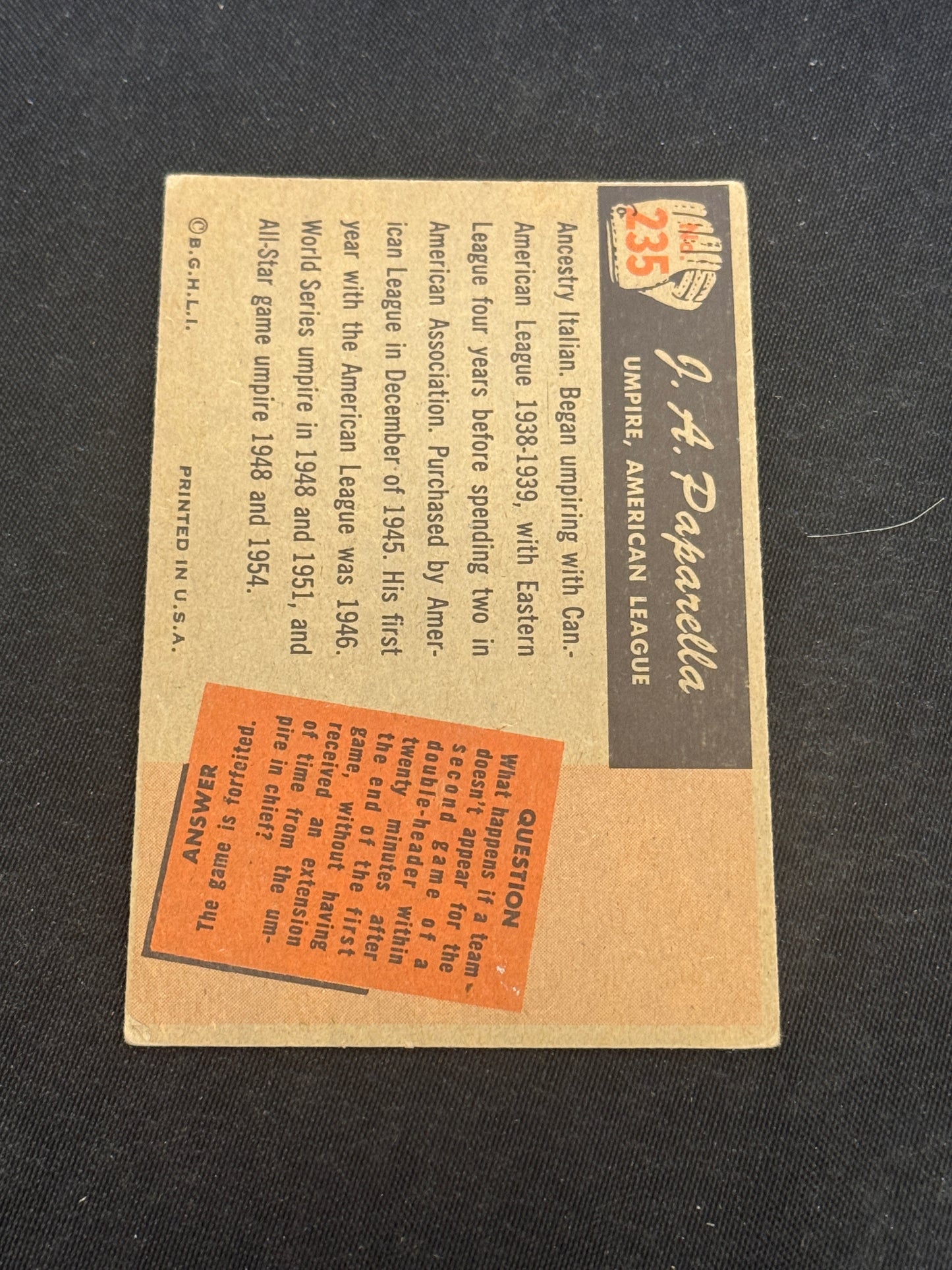 1955 BOWMAN COLOR UMPIRE J A PAPARELLA #235 VGEX V14435