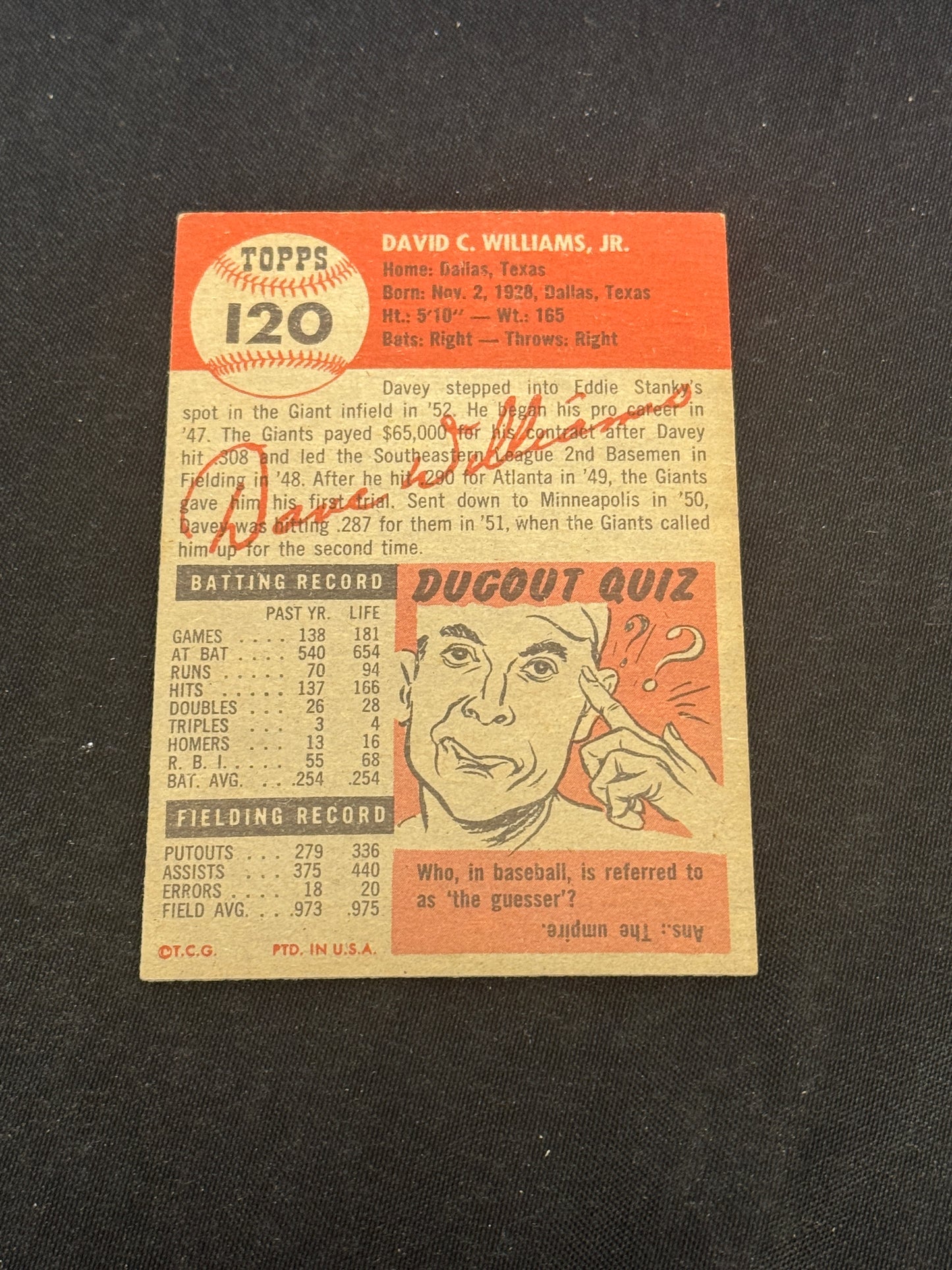 1953 TOPPS DAVEY WILLIAMS #120 EXMT V15008