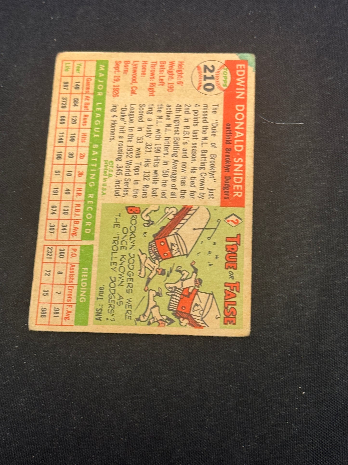 1955 TOPPS DUKE SNDIER #210 VG V14993