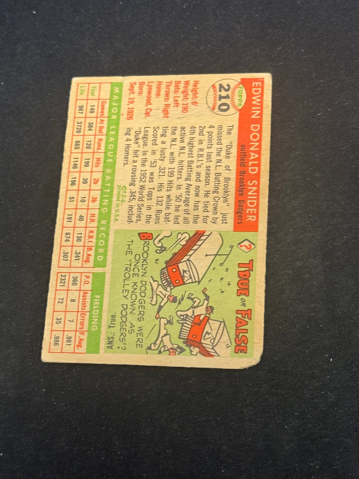 1955 TOPPS DUKE SNIDER #210 GOOD V14992