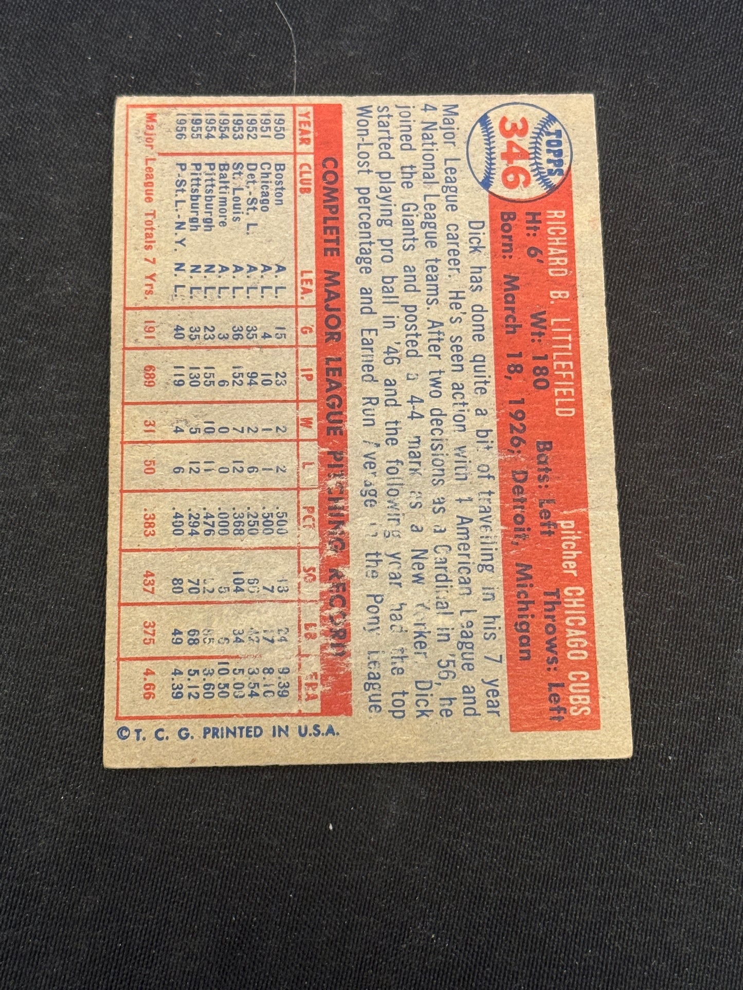 1957 TOPPS DICK LITTLEFIELD #346 EX V15134