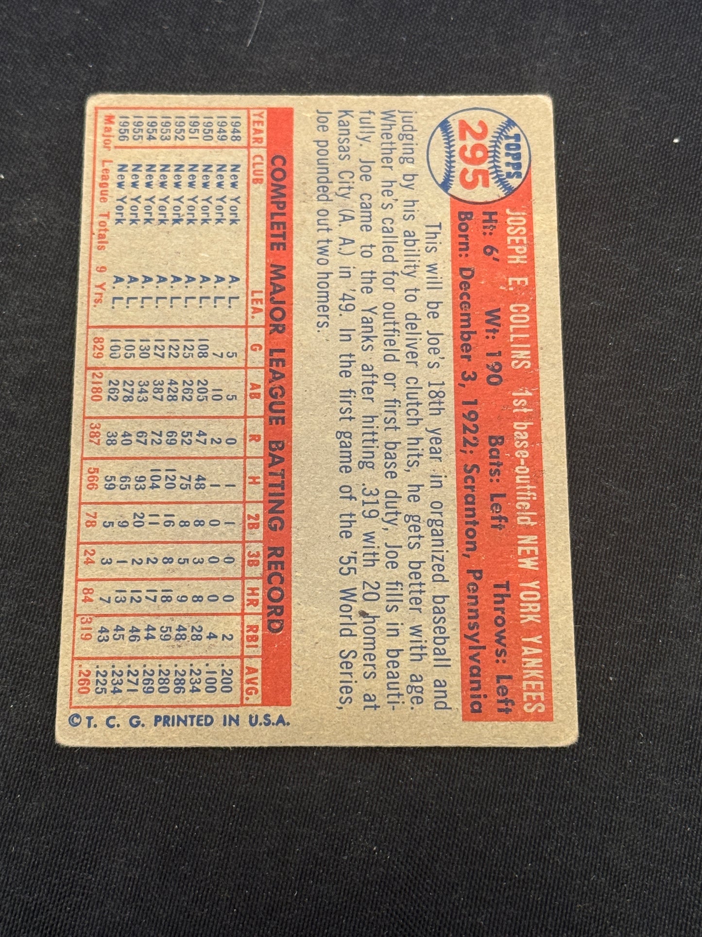 1957 TOPPS JOE COLLINS #295 VG+ V15147