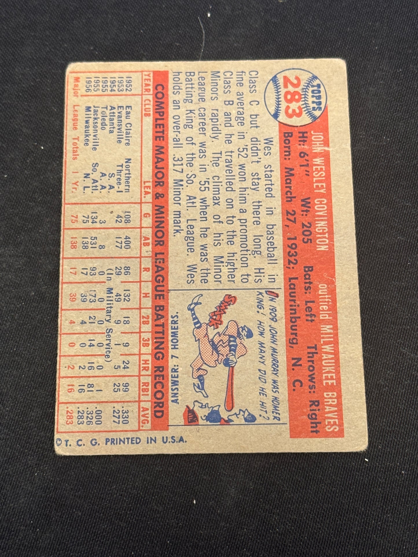 1957 TOPPS WES COVINGTON #283 VG V15163
