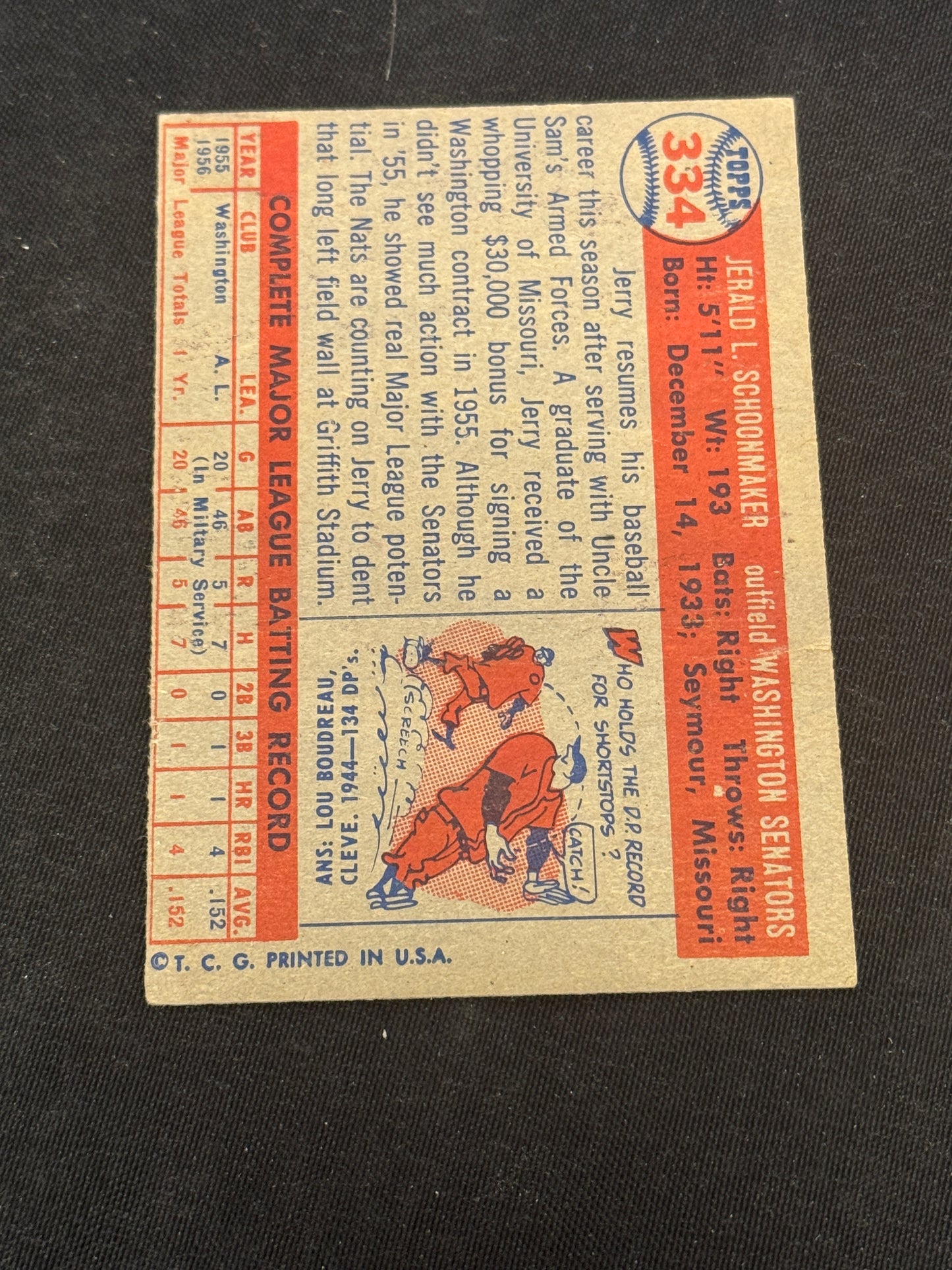1957 TOPPS JERRY SCHOONMAKER #334 VGEX V15138