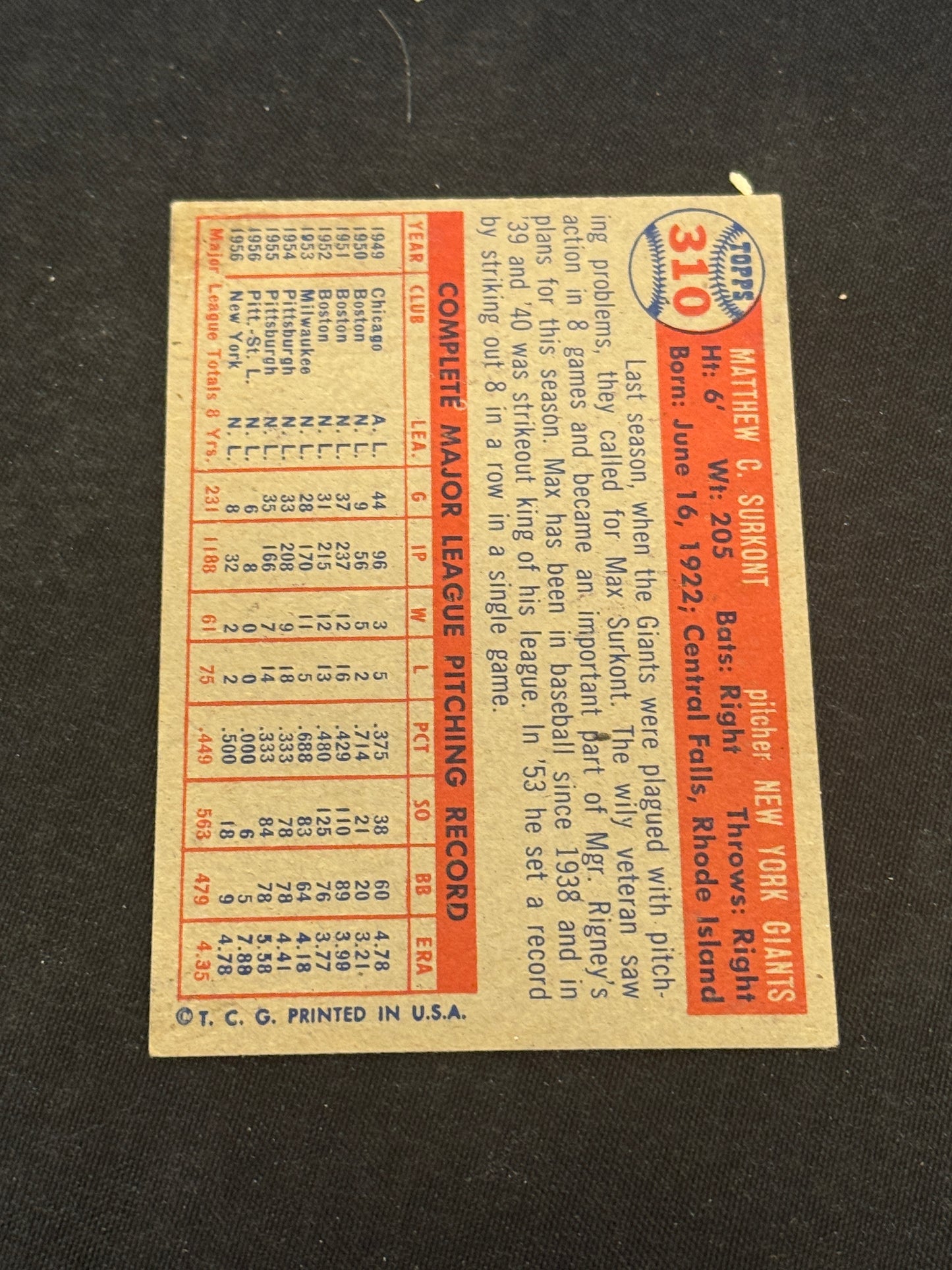 1957 TOPPS MAX SURKONT #310 EXMT V15141