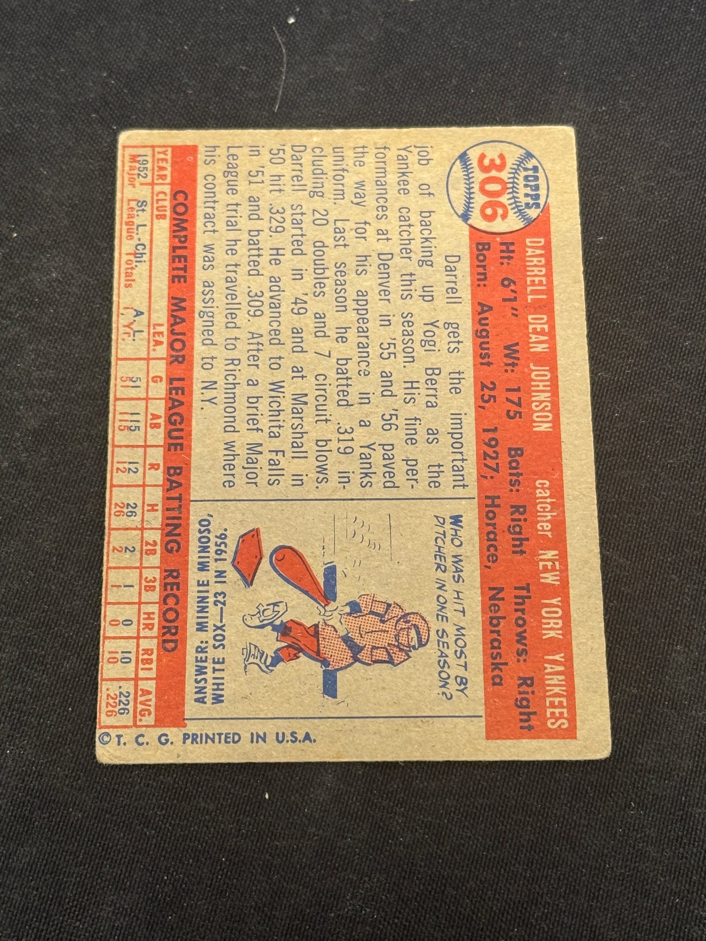 1957 TOPPS DARRELL JOHNSON #306 VGEX  V15164