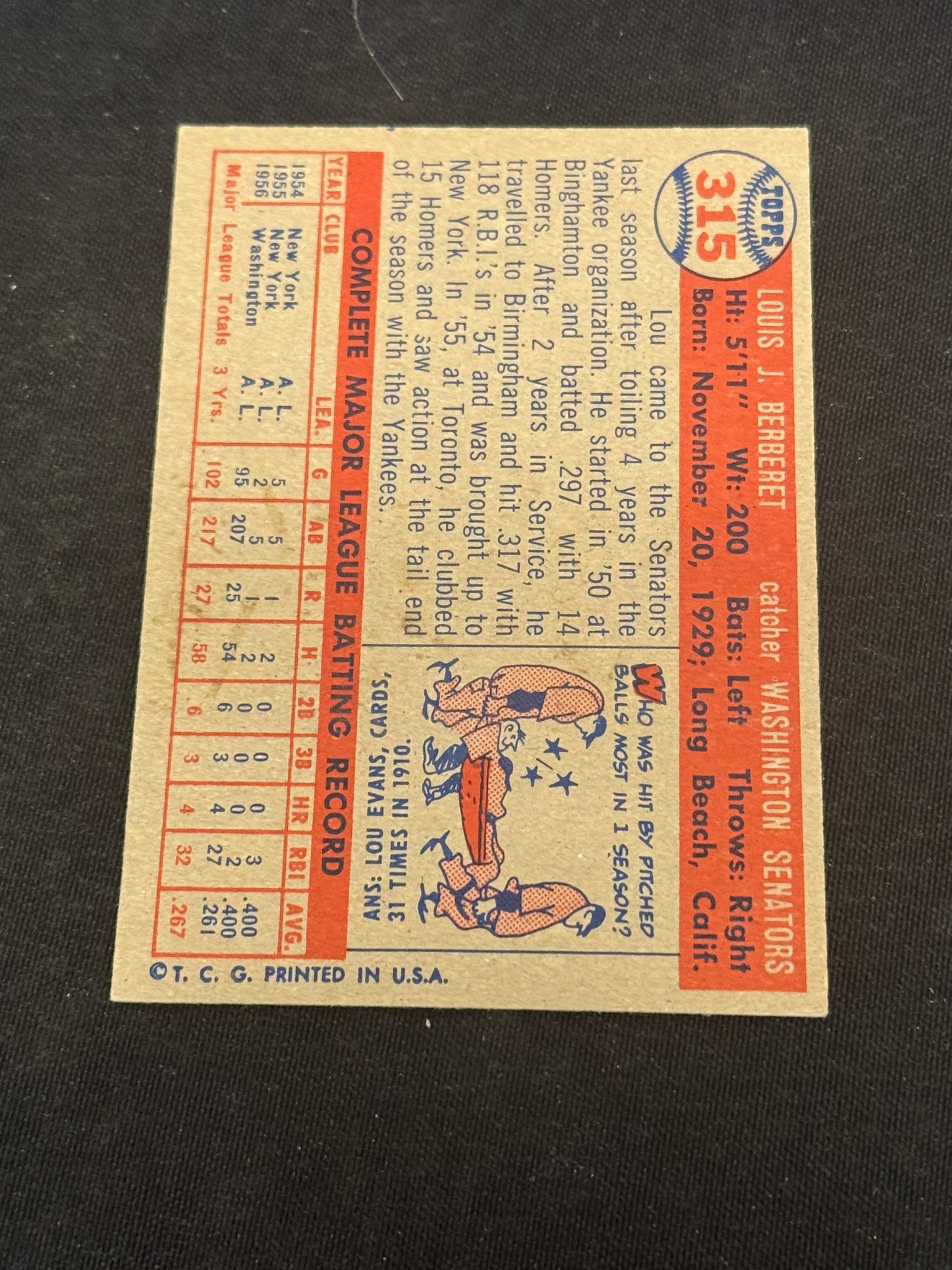 1957 TOPPS LOU BERBERET #315 NRMT V14638