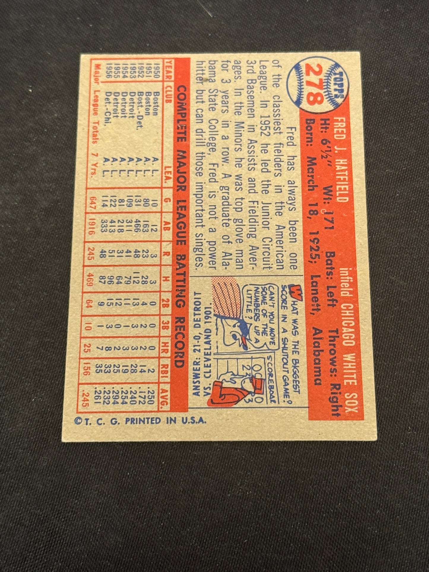 1957 TOPPS FRED HATFIELD #278 EX+ V12379