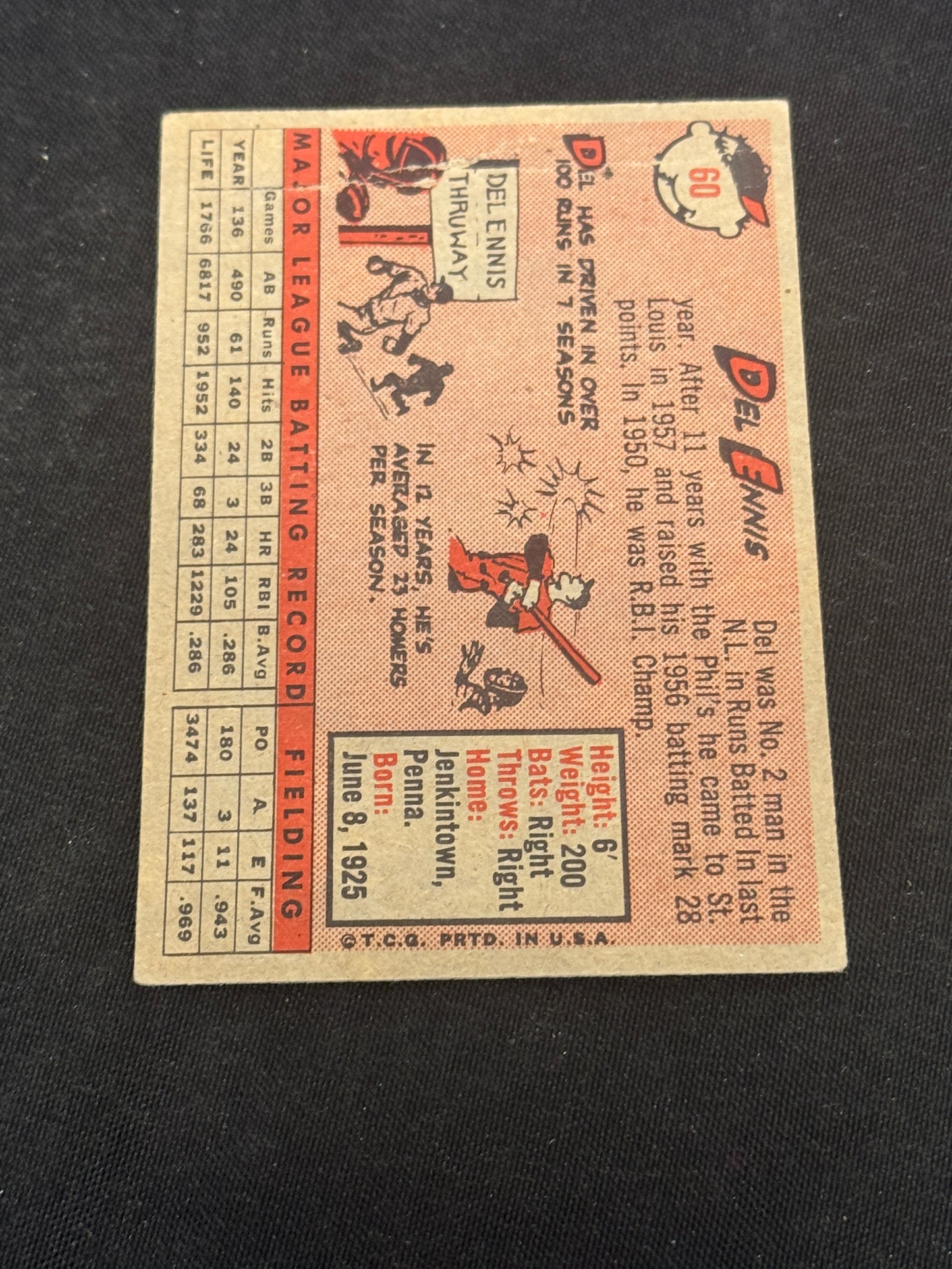 1958 TOPPS YELLOW DEL ENNIS #60 VG V15072