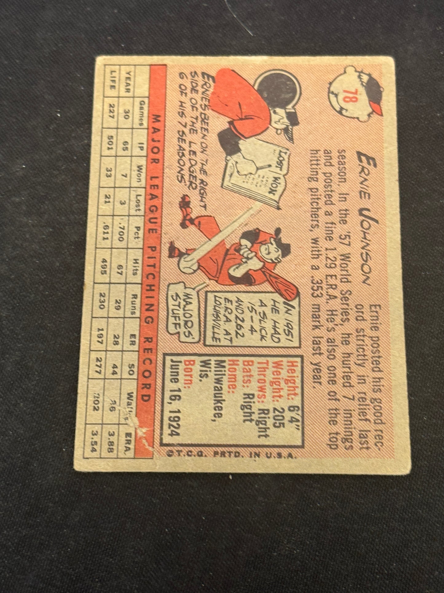 1958 TOPPS YELLOW LETTER ERNIE JOHNSON #78 VG V14237