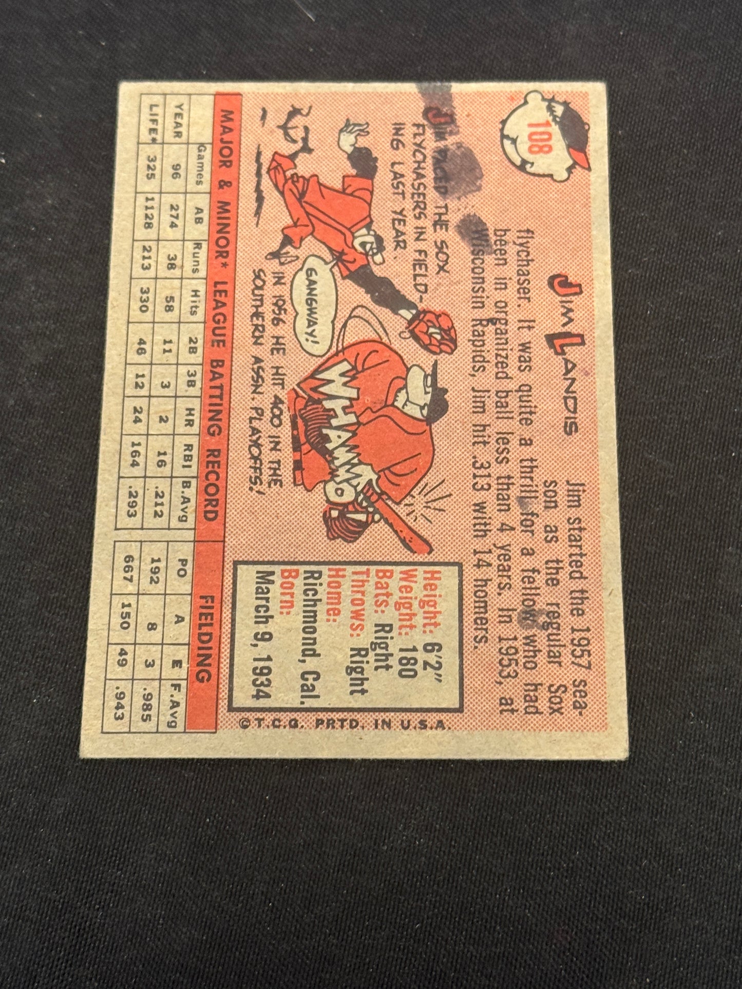 1958 TOPPS YELLOW JIM LANDIS (MK) #108 EX V14523