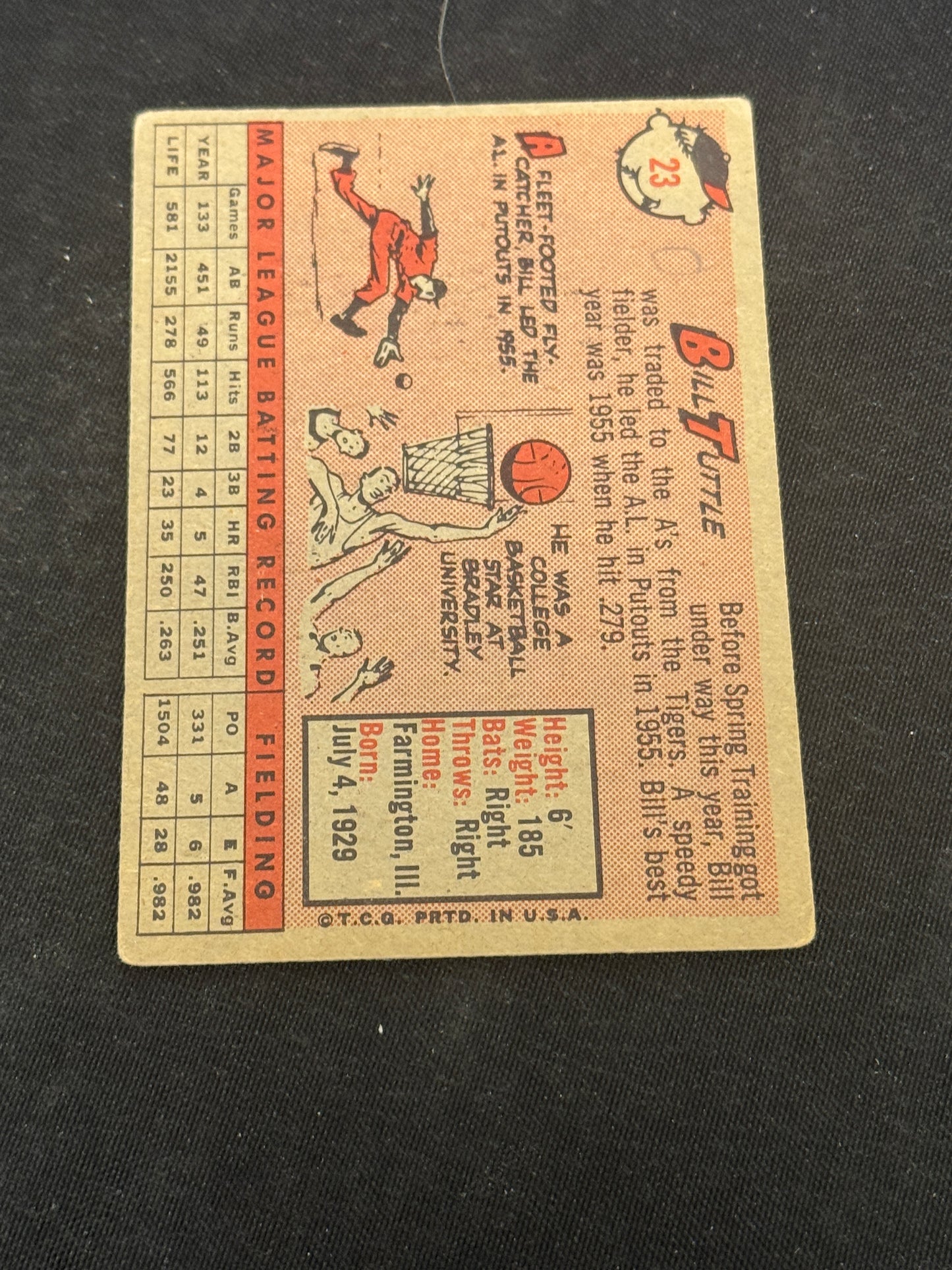 1958 TOPPS YELLOW LETTER BILL TUTTLE #23 VG+ MK V14211