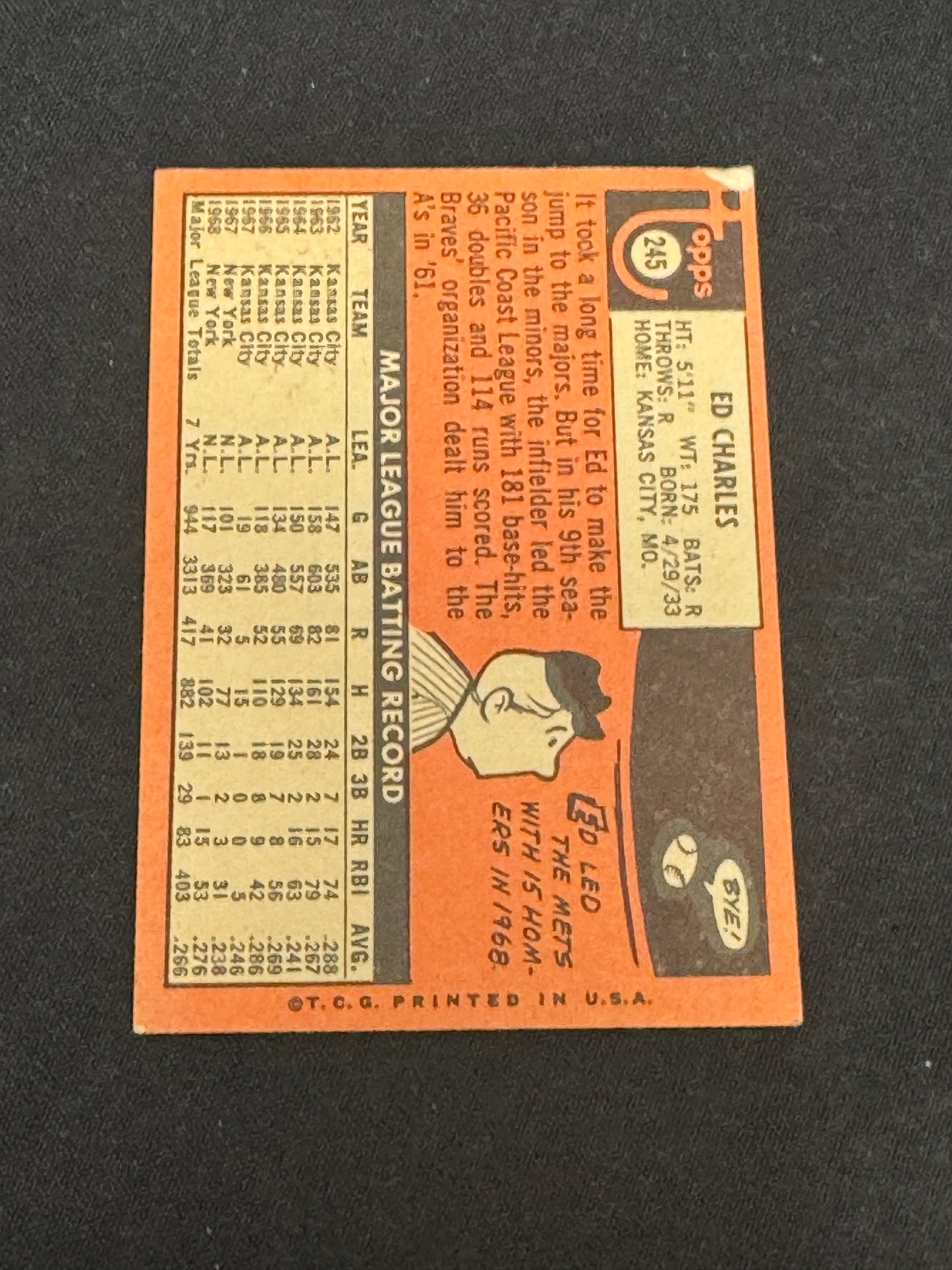 1969 TOPPS ED CHARLES #245 EX V12749