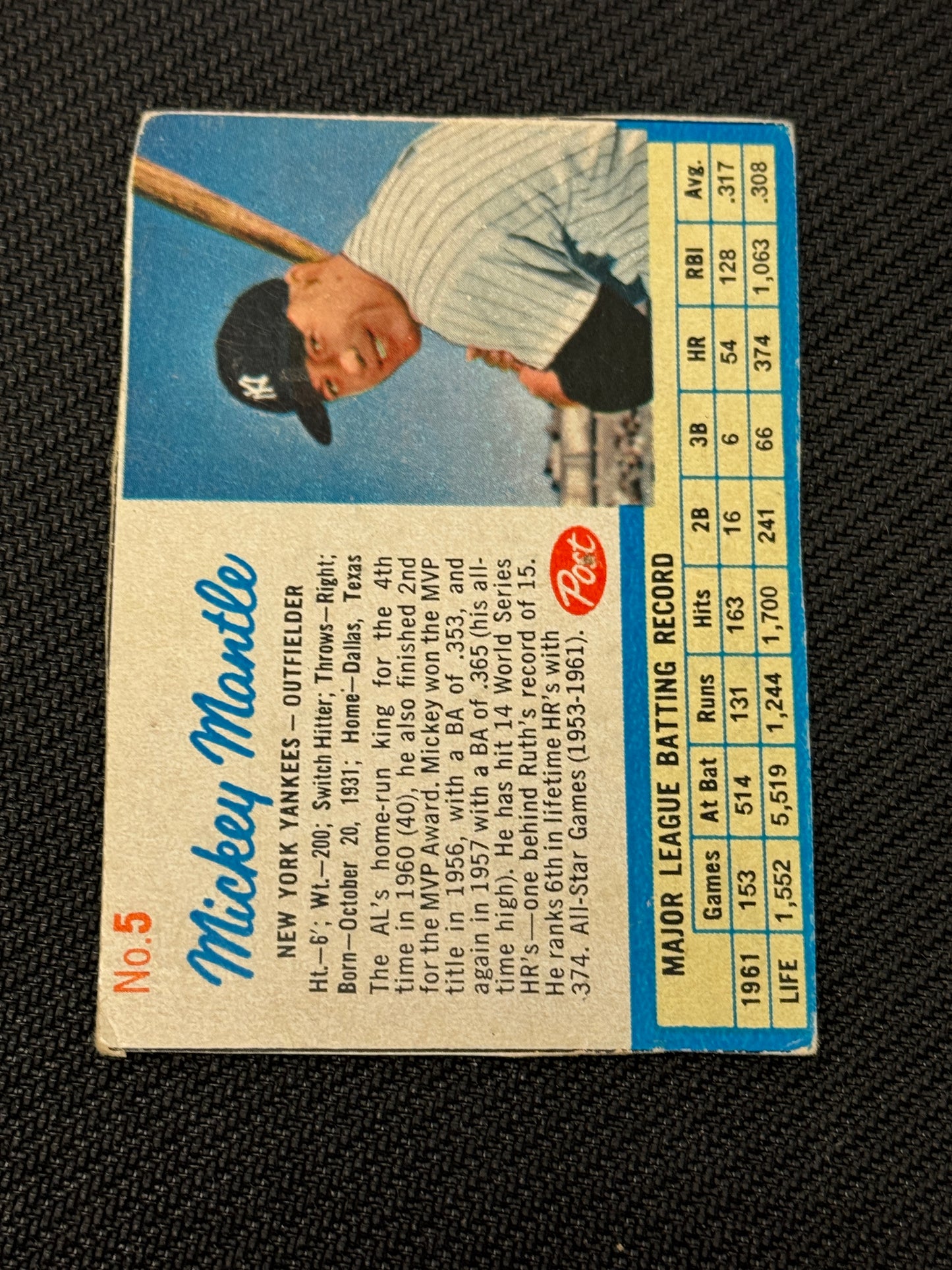 1962 POST MICKEY MANTLE #5 VGEX V15541